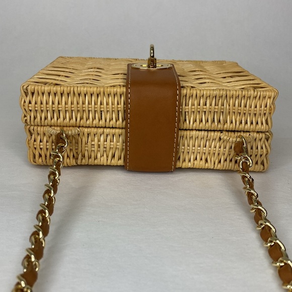 J. McLaughlin Wicker Straw & Leather Rectangle Box Handbag, Gold Hardware, NWOT - Picture 9 of 16